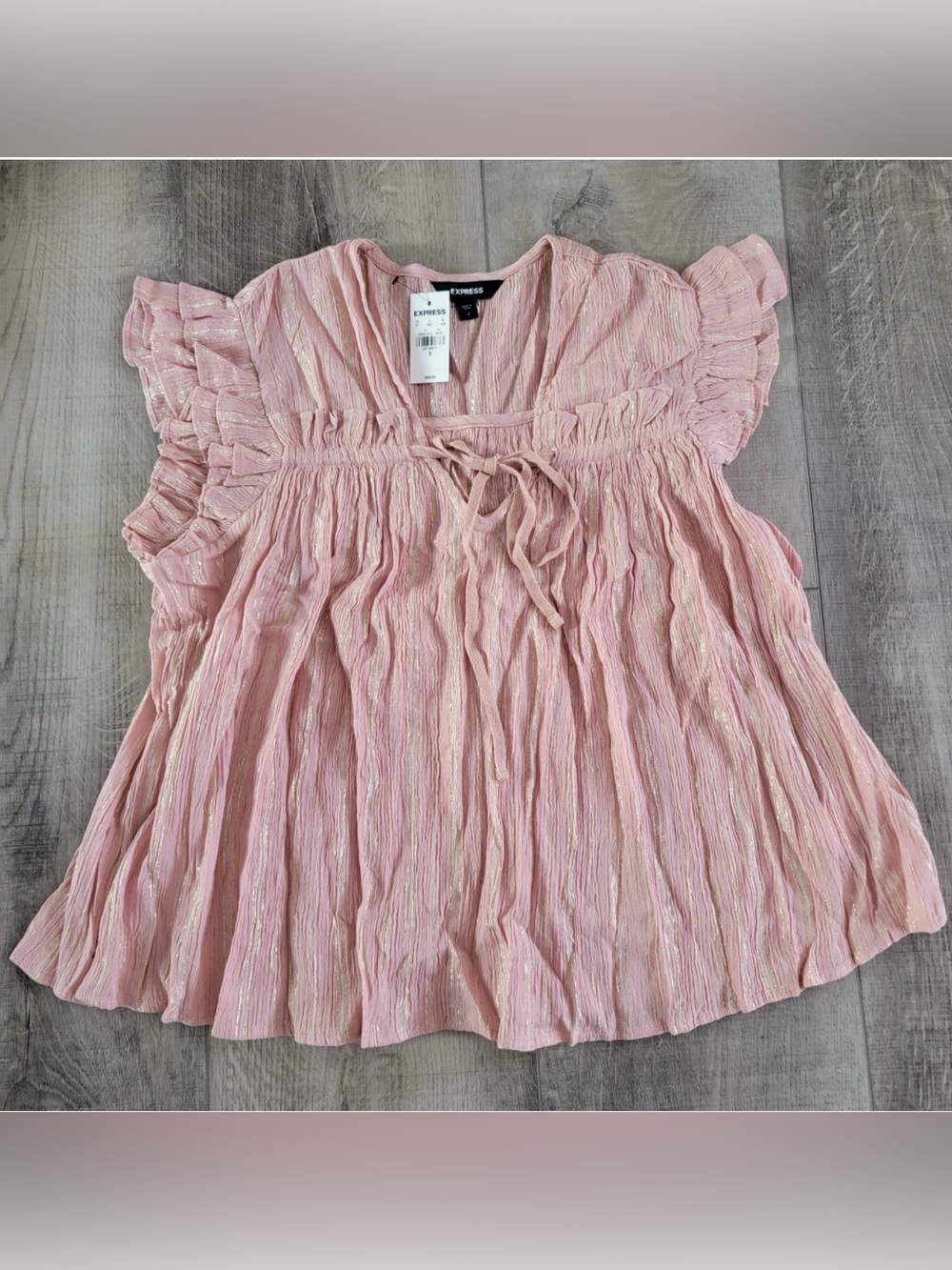 NWT Express Light Pink Crinkle Tie-Front Peasant Top
